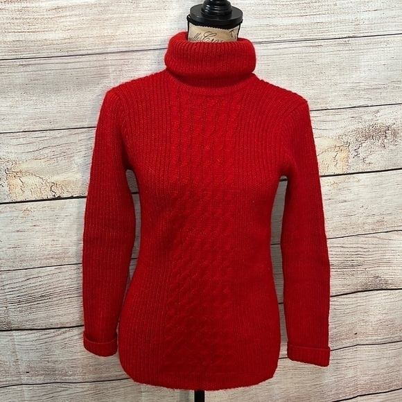 Vintage Cable Knit Sweater Turtleneck Red Wool Blend Hong Kong Size Medium - Picture 1 of 8